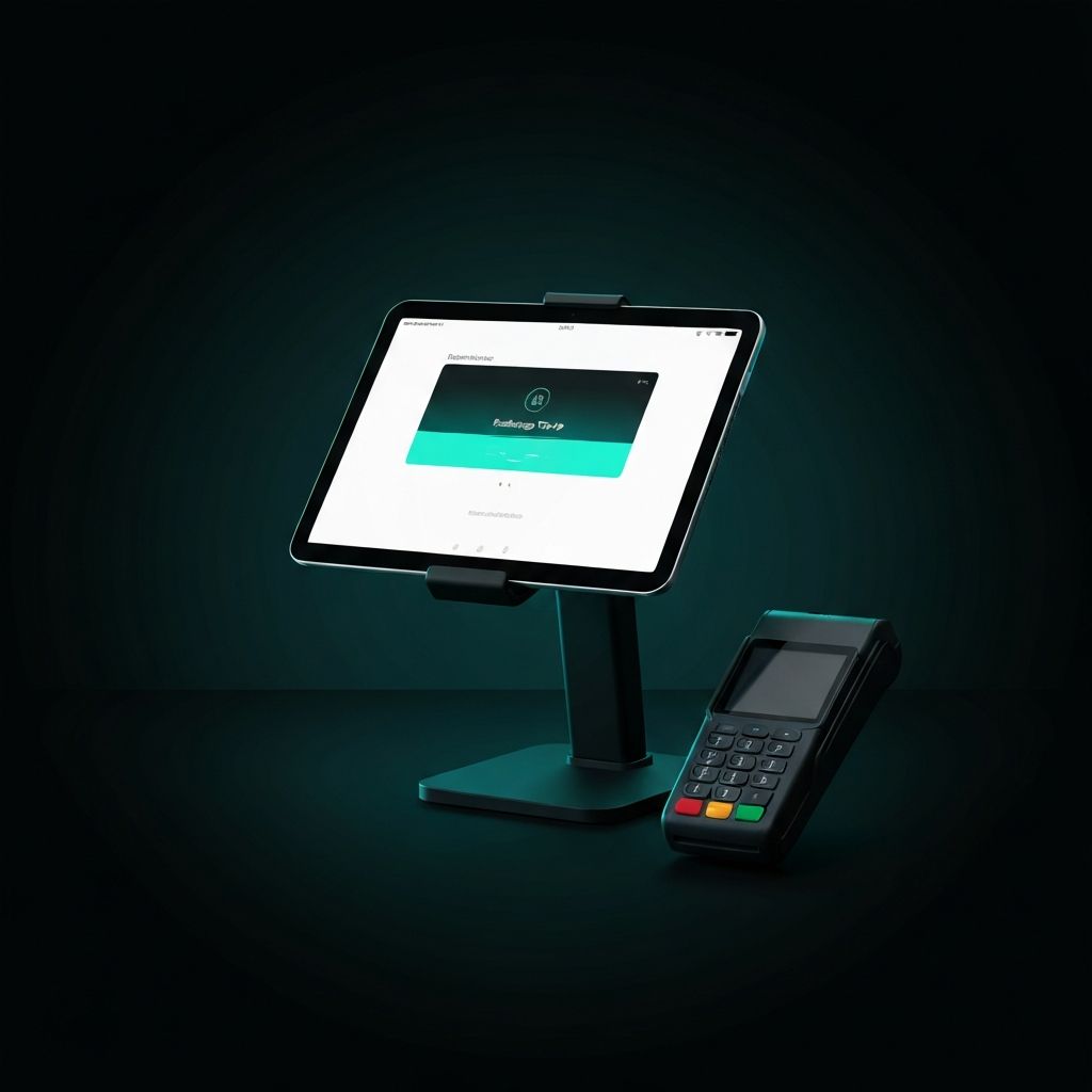 Modern countertop POS terminal displaying an Aspra recharge dashboard