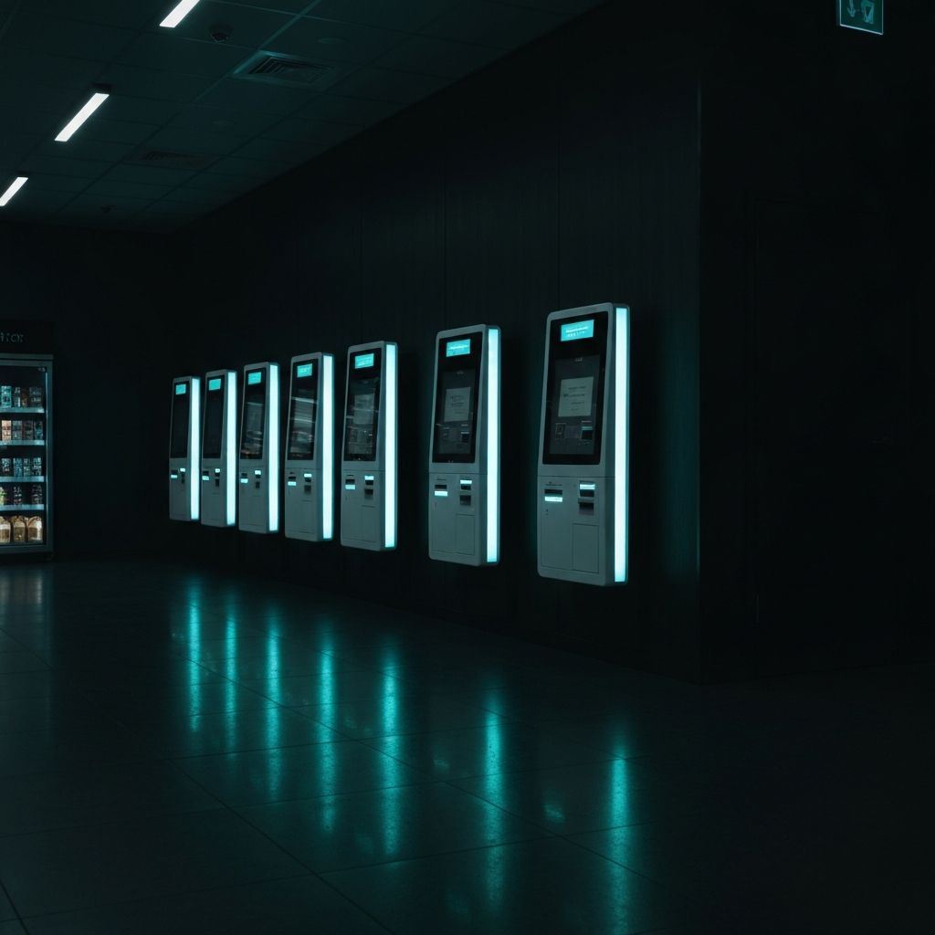 Bright retail store with a row of Aspra self-service payment kiosks